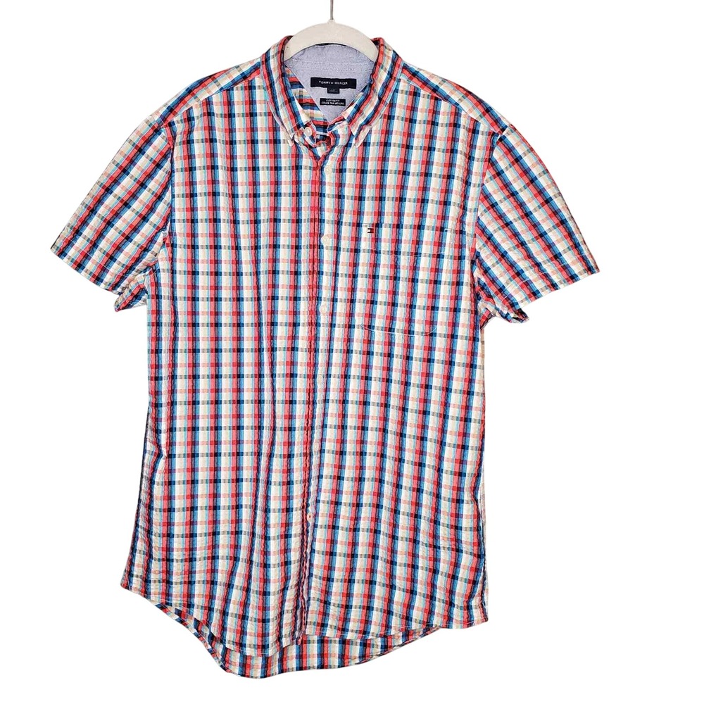 Tommy Hilfiger Shirt Men's Size L Multicolor Plaid s/s Seersucker Coastal Preppy